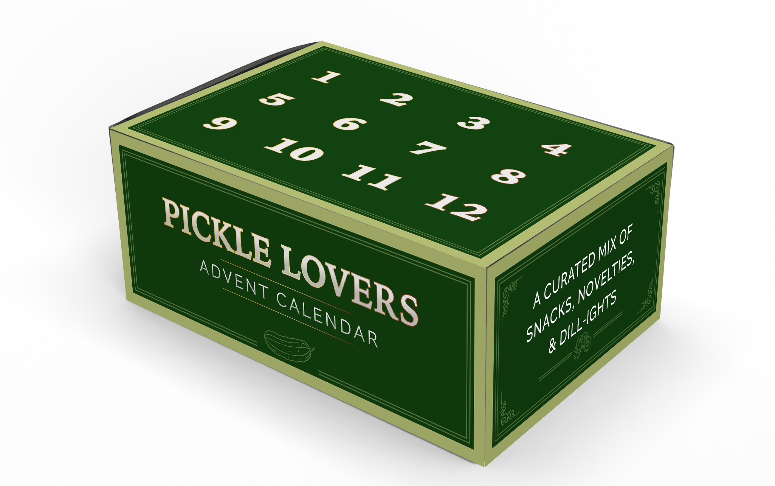 A green rectangular box for the Pickle Lovers Advent Calendar, featuring white text and numbers 1 through 12 on top, shown on a plain white background.