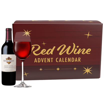 Red Wine Advent Calendar with a bottle and glass of wine on a white background