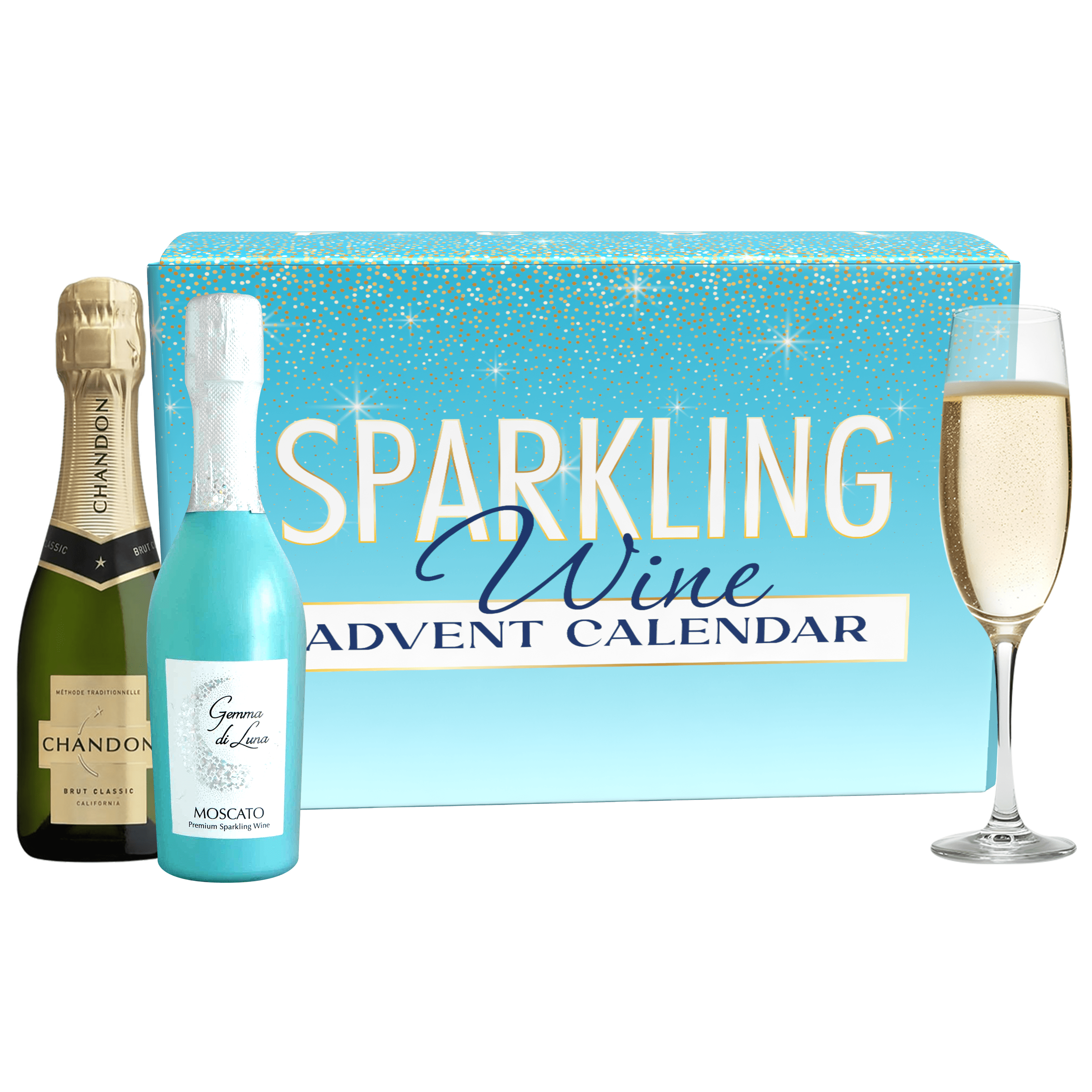 Sparkling wine advent calendar with bottles and a glass on a white background