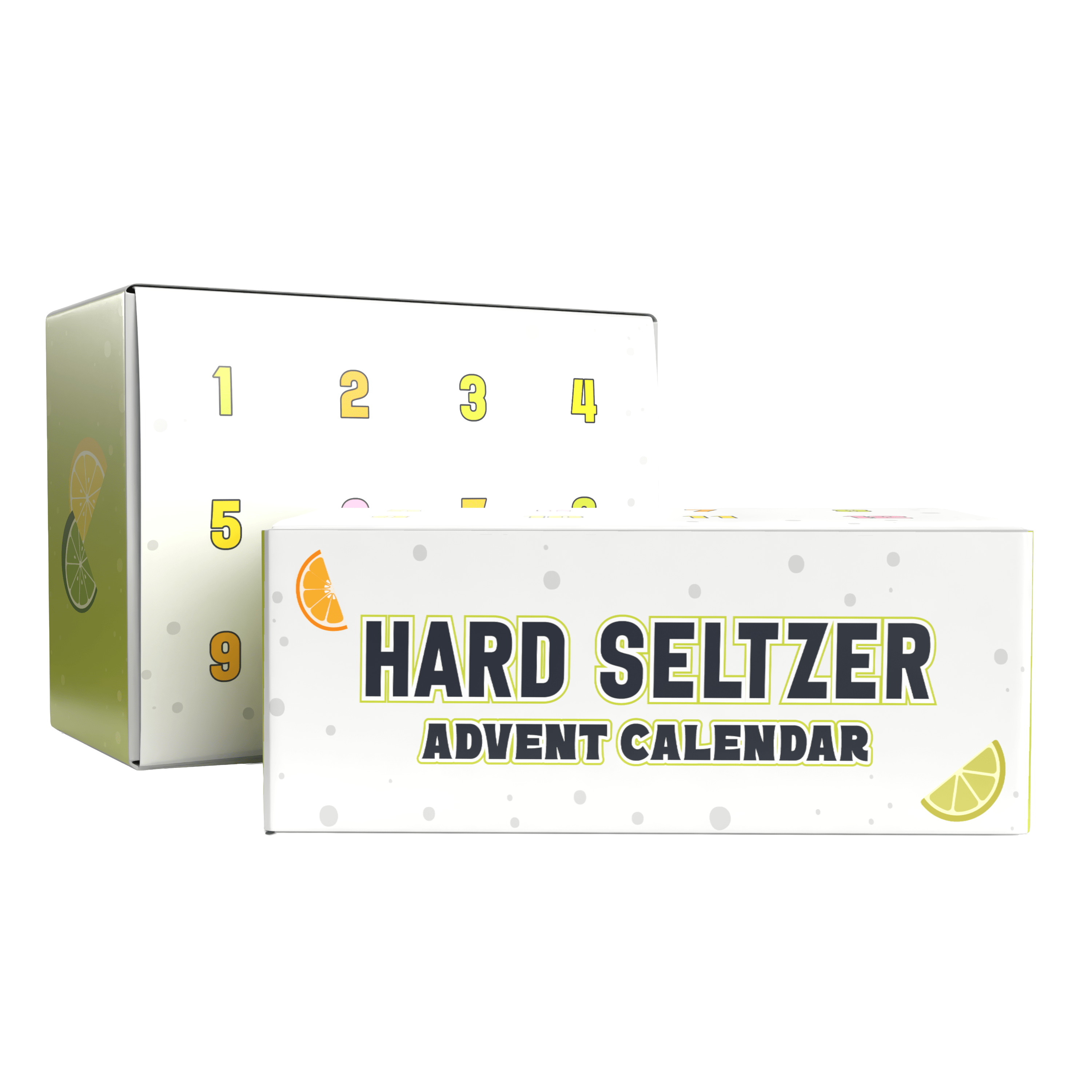 Hard seltzer advent calendar with numbered doors on a white background