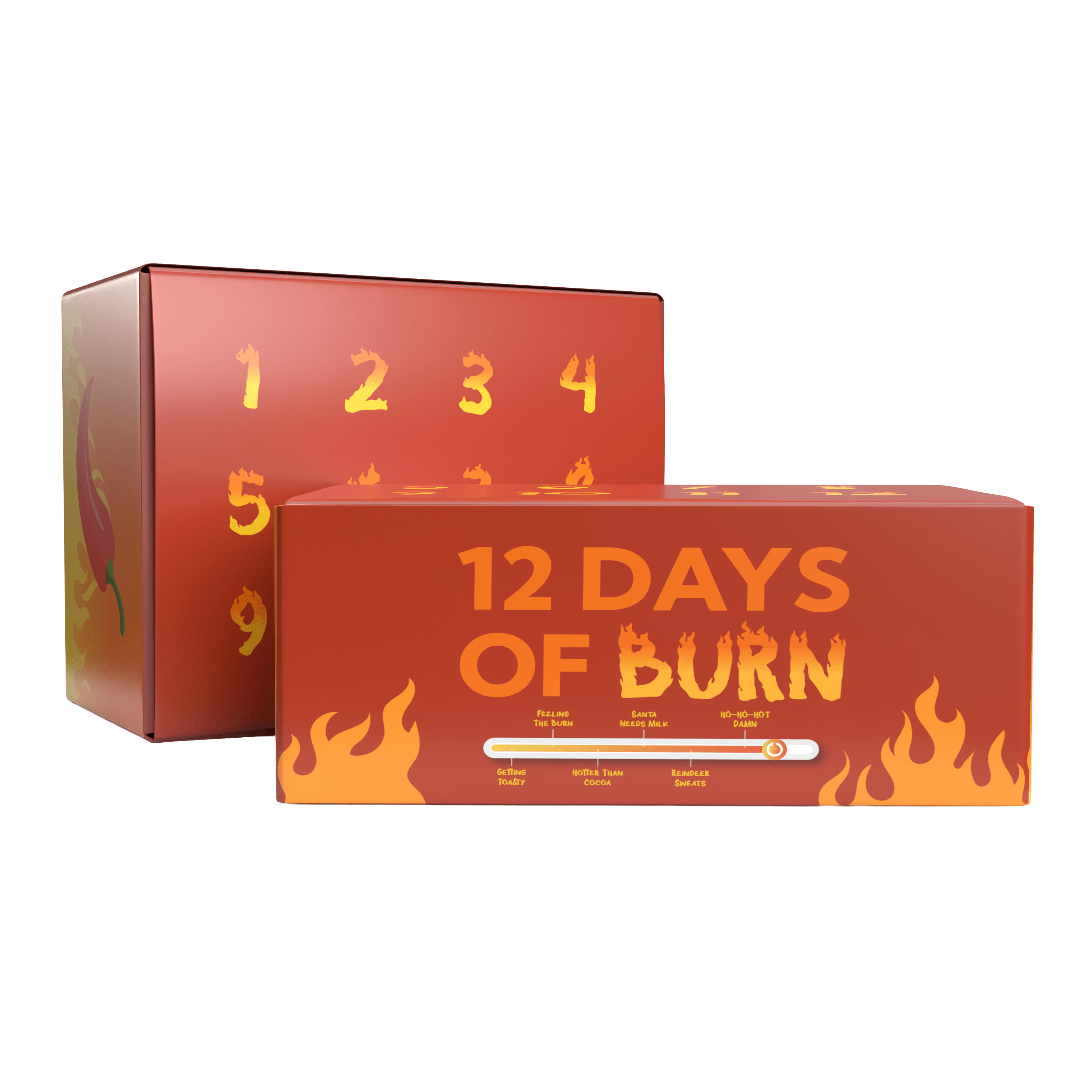 Box with '12 Days of Burn' text and fire graphics on a white background