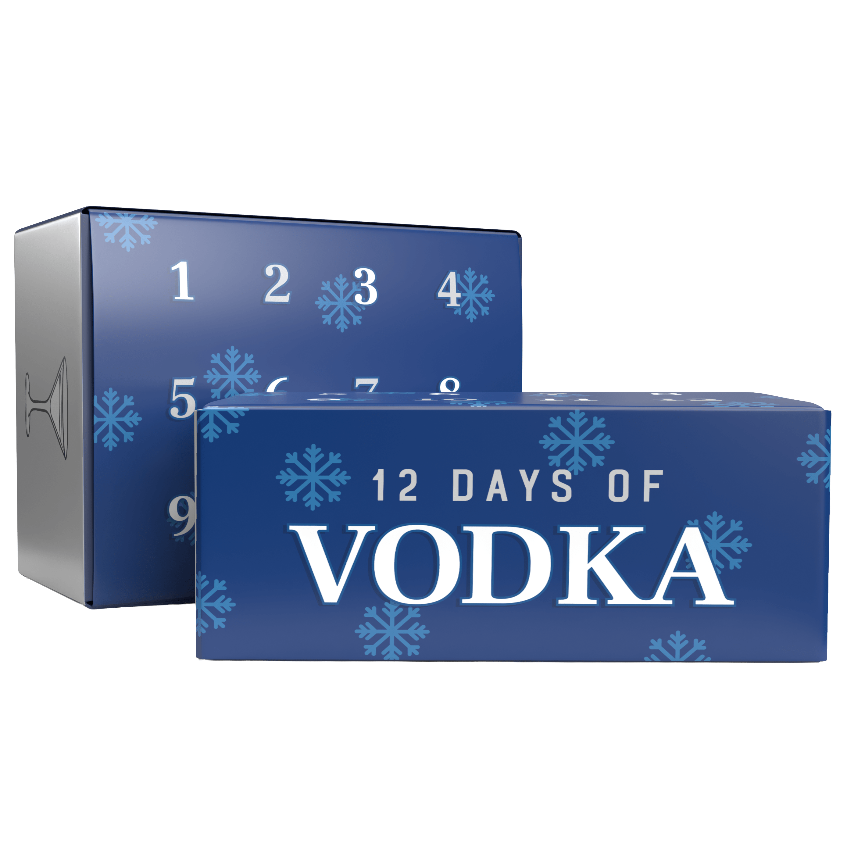 Advent calendar box for '12 Days of Vodka' with blue design and snowflake patterns.