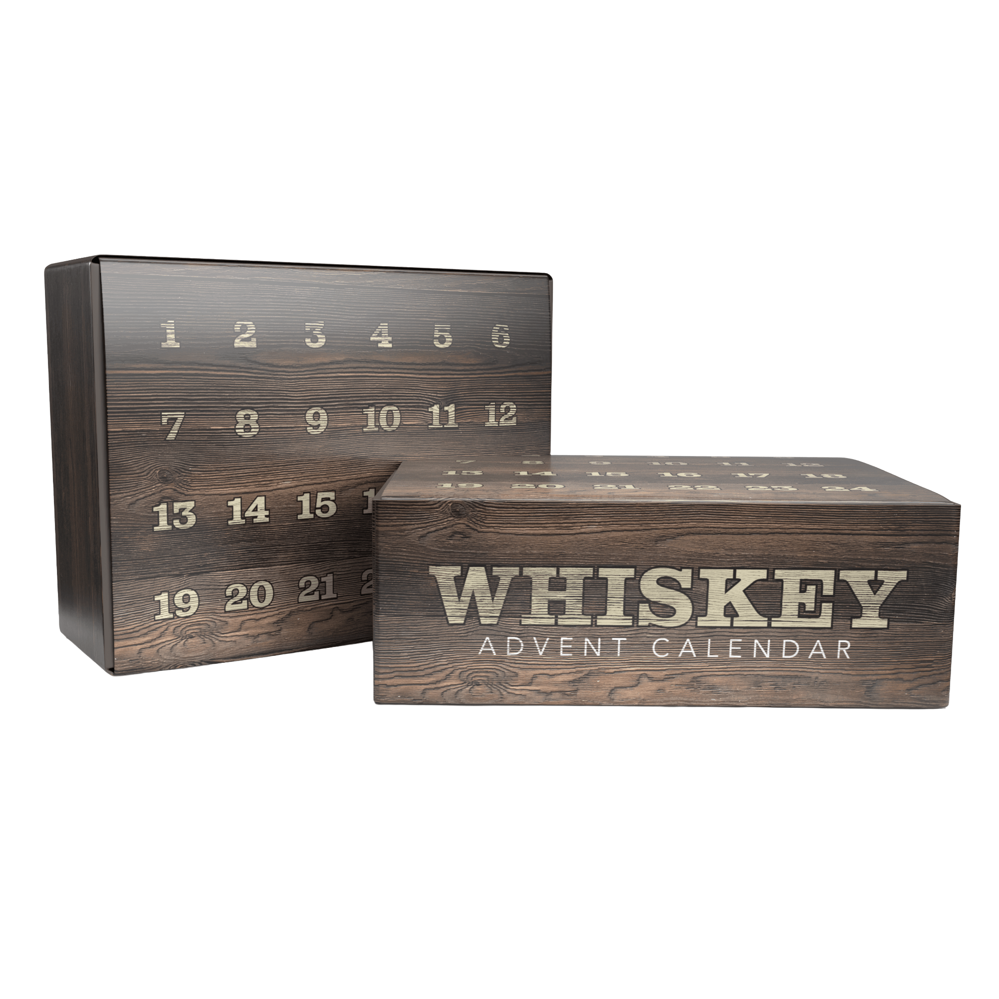 whiskey advent calendar with numbered slots on a white background