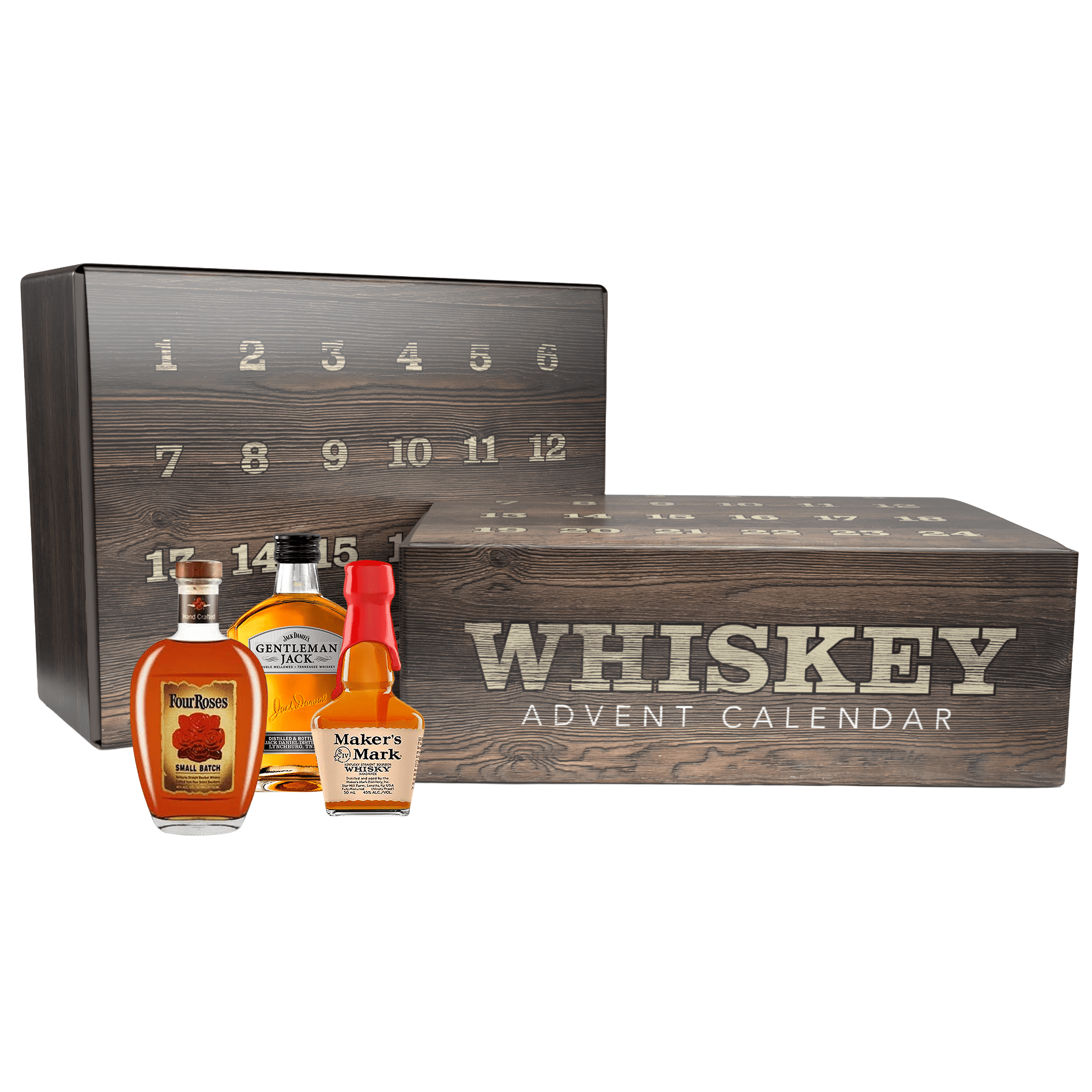Whiskey advent calendar with bottles in front on a white background