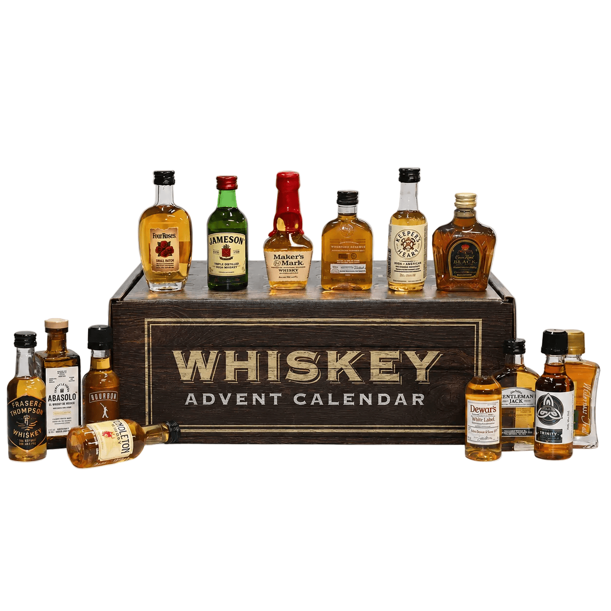 A whiskey advent calendar set featuring a dark wooden box labeled 'WHISKEY ADVENT CALENDAR' with multiple miniature liquor bottles arranged around and on top of it, photographed on a light gray studio background.