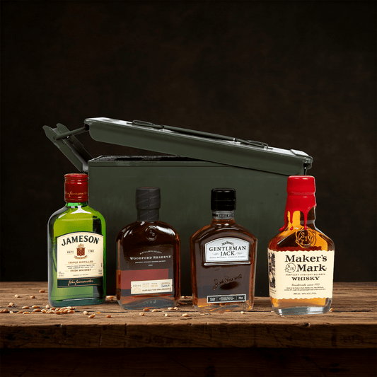 Closed ammo can filled with four bottles of whiskey – rugged whiskey gift set for men