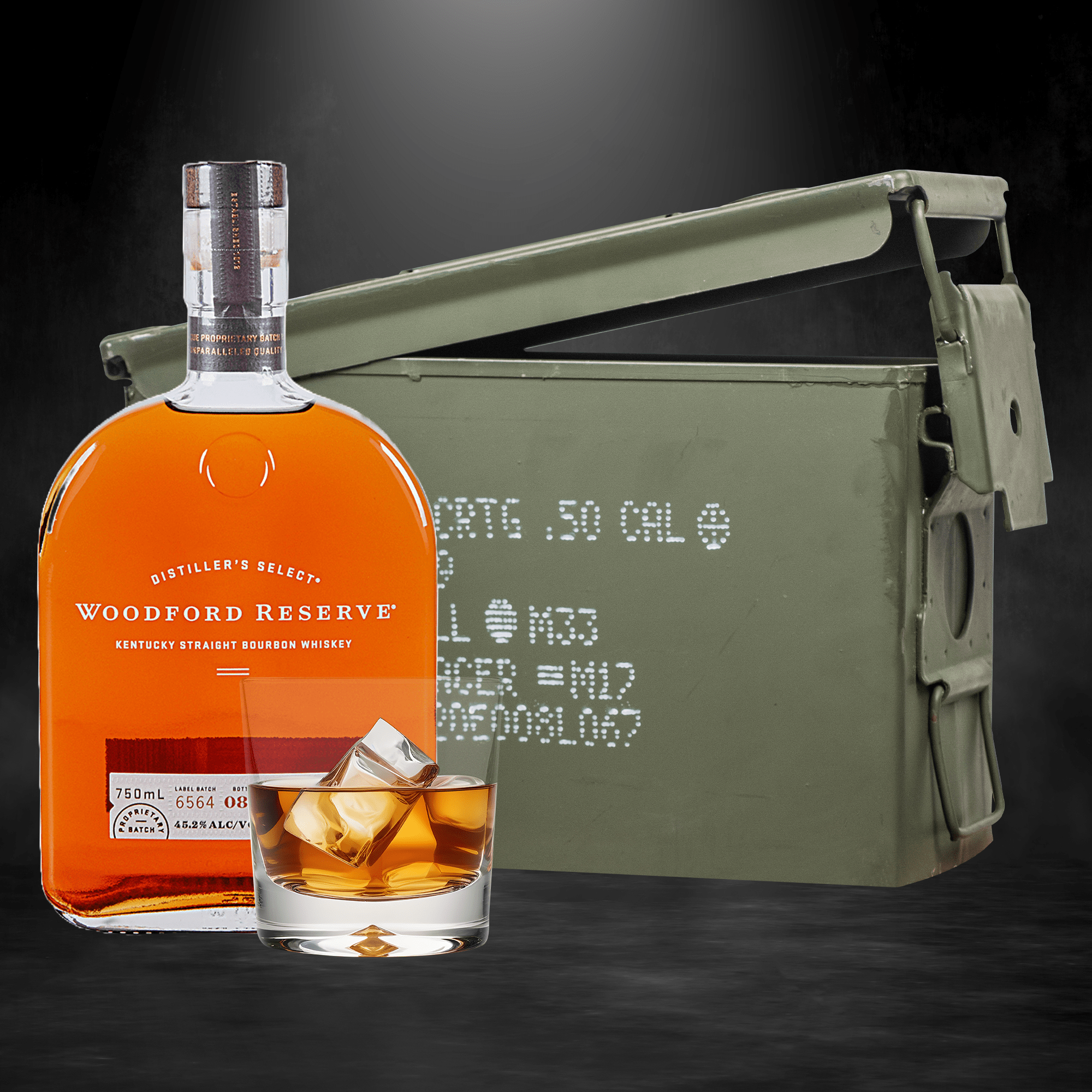 Woodford Reserve bourbon bottle inside authentic ammo can gift set