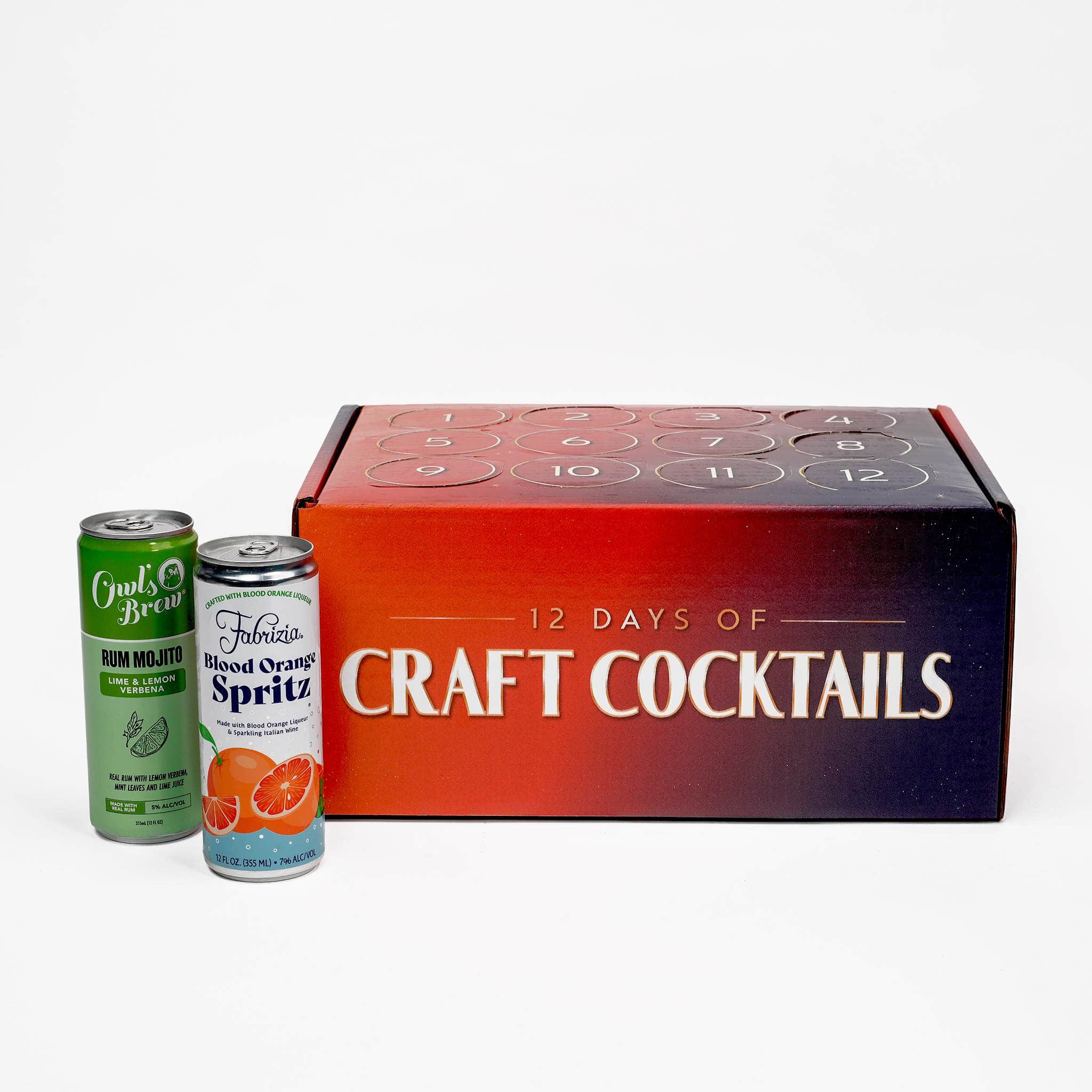 A 12-day craft cocktail advent style box labeled '12 DAYS OF CRAFT COCKTAILS' in coral and navy, shown with two sample ready to drink cans
