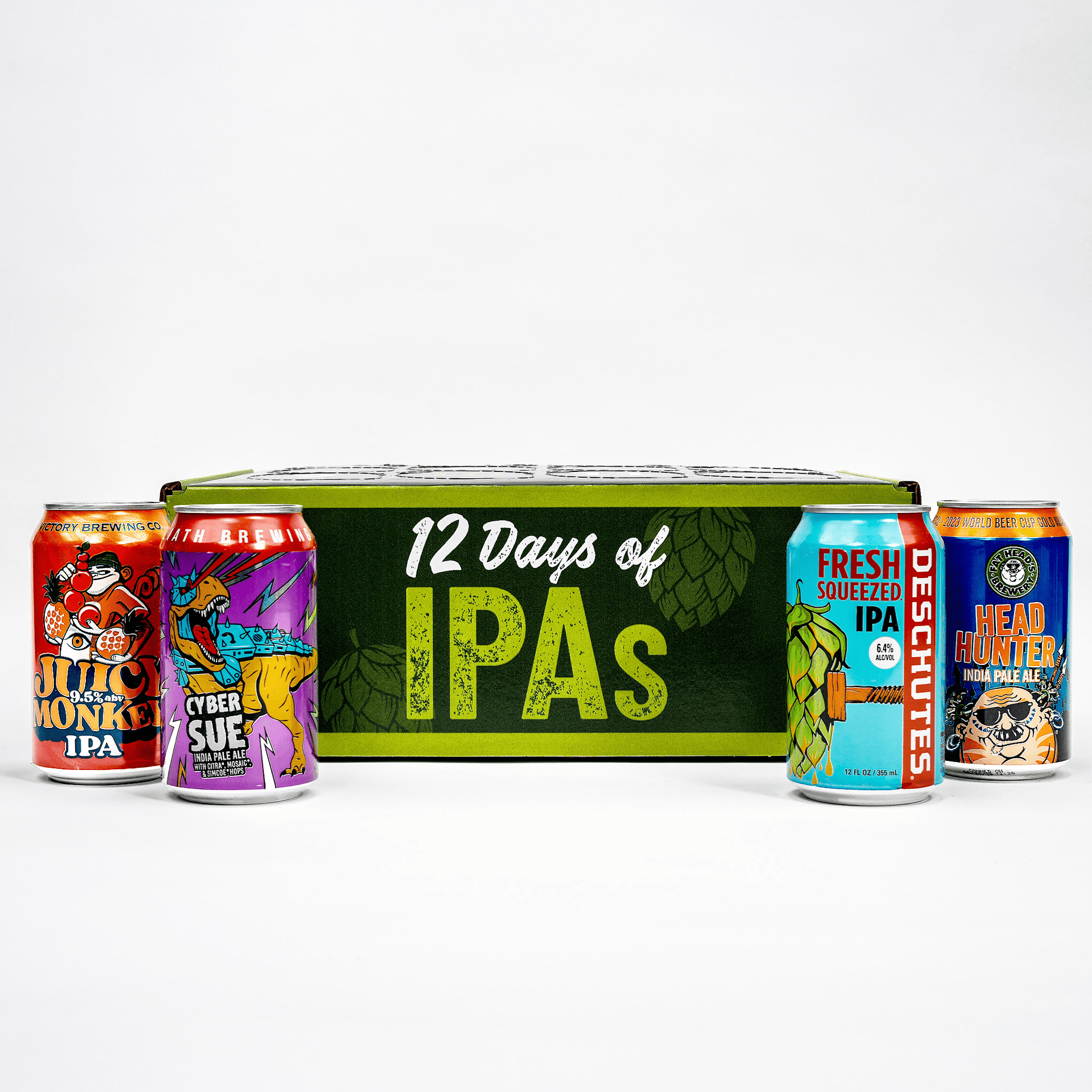 A curated IPA advent box labeled '12 Days of IPAs' with four colorful craft beer cans displayed in front on a clean white studio background.