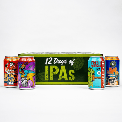 A curated IPA advent box labeled '12 Days of IPAs' with four colorful craft beer cans displayed in front on a clean white studio background.