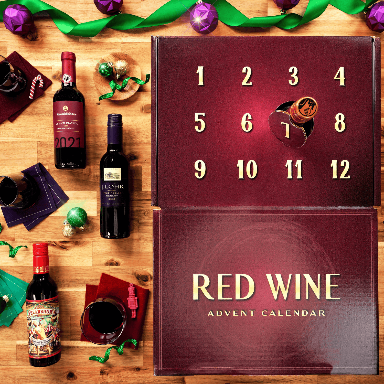 a 12 Day Red Wine Countdown Calendar with 3 half bottles of red wines. 