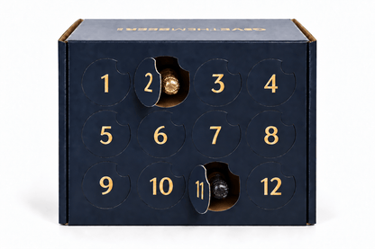 12 day Sparkling Wine Advent Calendar with doors open, showing sparkling wine bottles stored inside